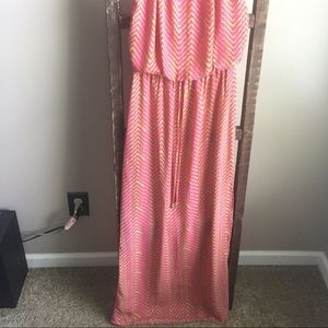 Lime green and pink chevron print maxi dress